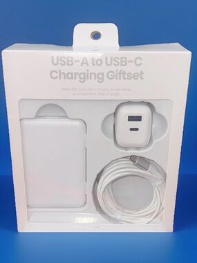 White Charging Giftset
Power Bank Portable Charger 
Wall Charger
USB-A to USB-C